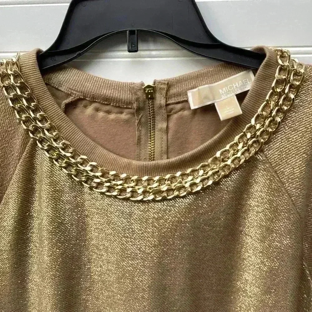 Micheal Kors Gold Chain Gold Shimmer Sweater Long sleeve Midi  Dress Size Large
